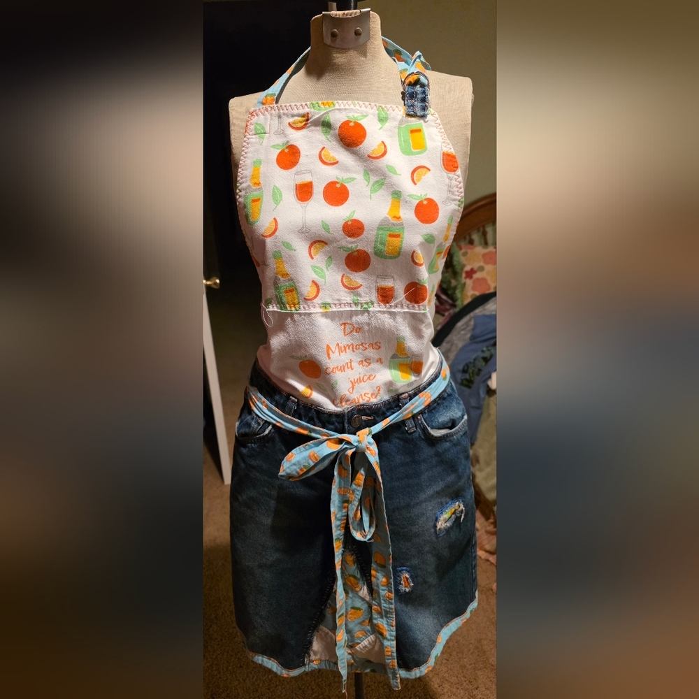 Upcycled Apron Juice Cleans Oranges & Champagne Mimosa  Blue Denim Jeans